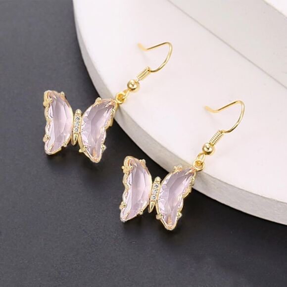 CZ Butterfly Glass Drop Dangle Earrings Silver Post Cubic Zirconia Gold Plated - Picture 4 of 6